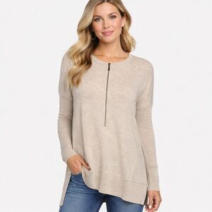 Kinross Cashmere Sweater Medium 100% Cashmere Oatmeal Zip Neck Tunic Hi-Low Hem